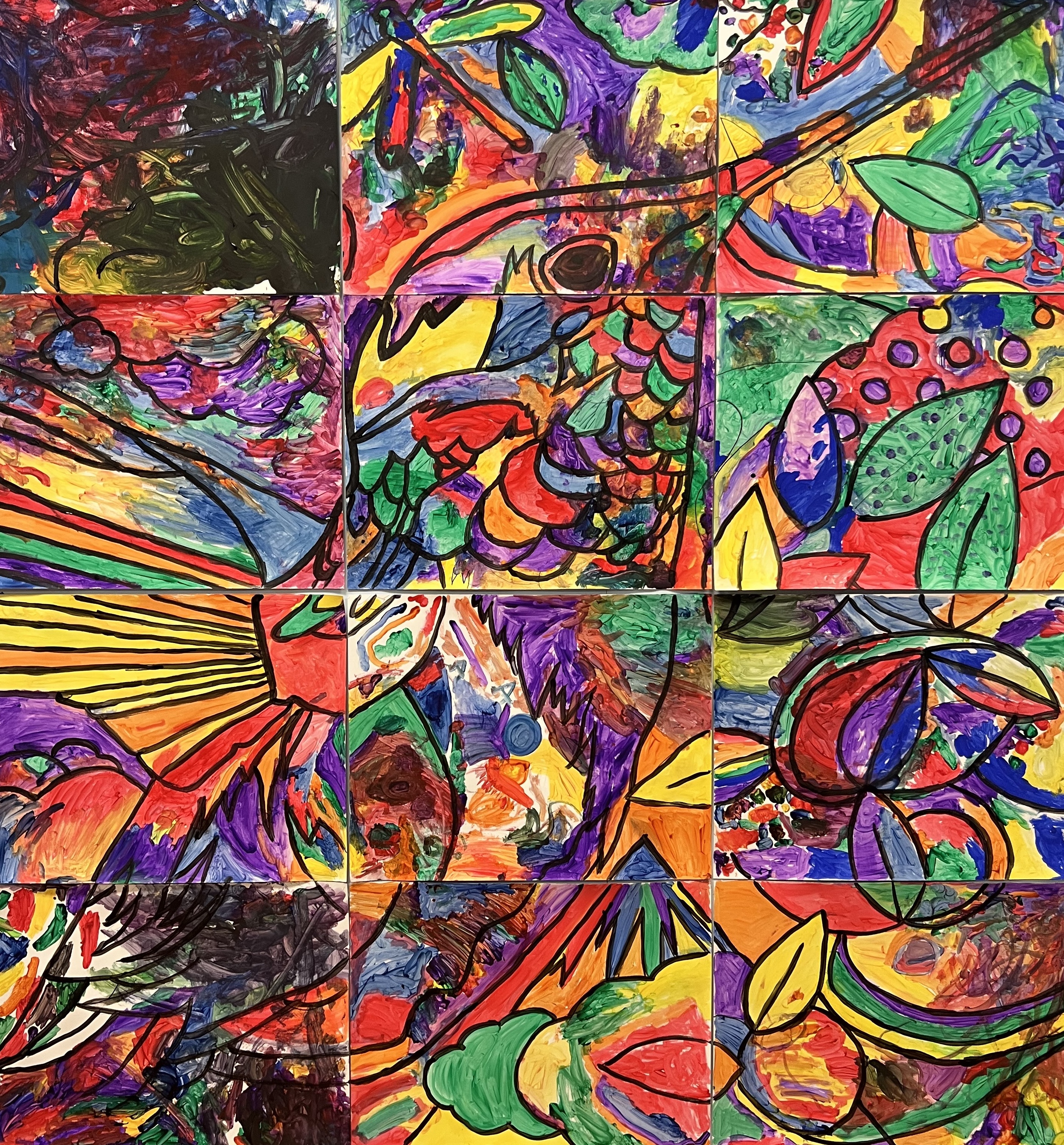 Mural of hummingbird painted by preschool students.