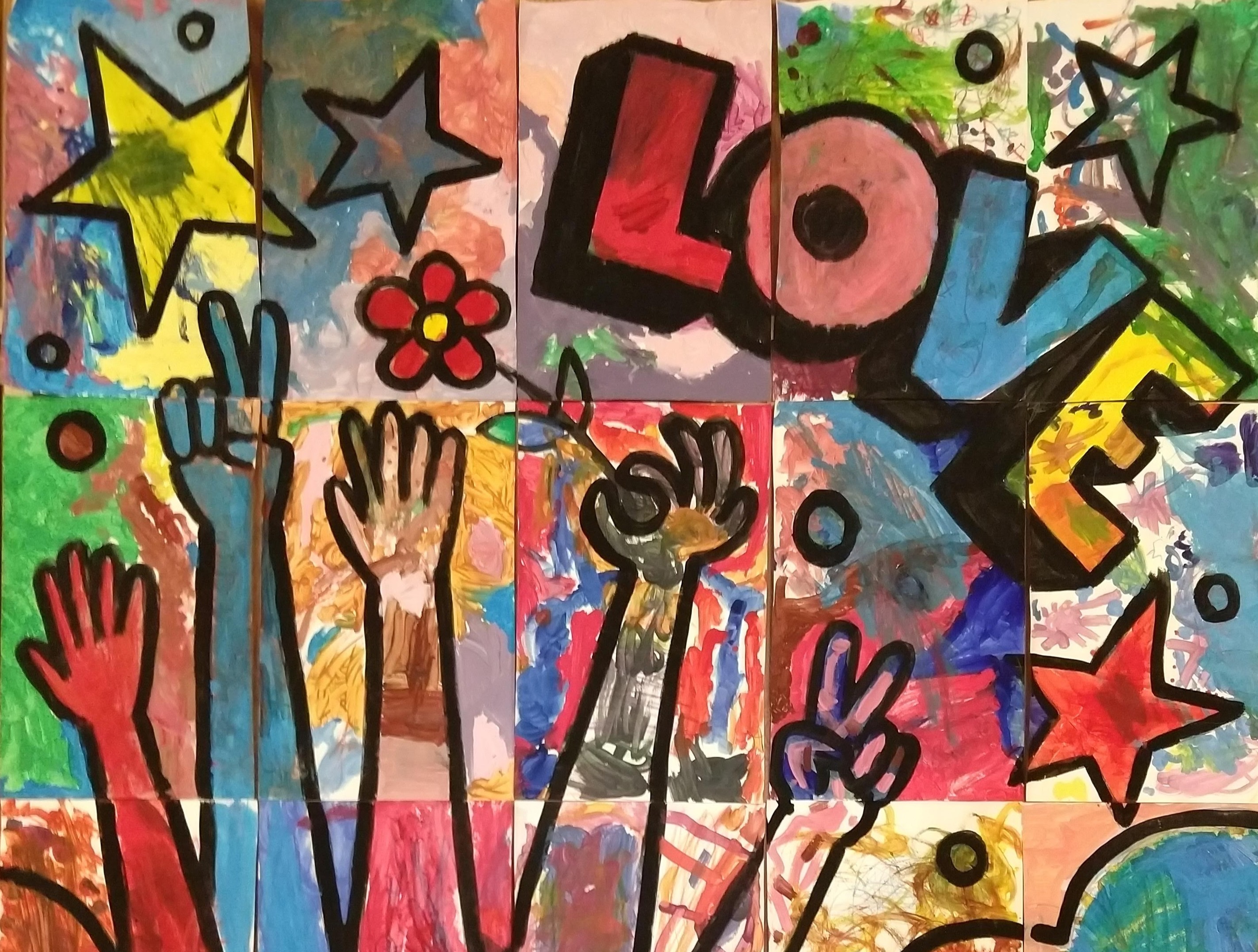 Painting with raised hands, stars, a flower, and the word "love".