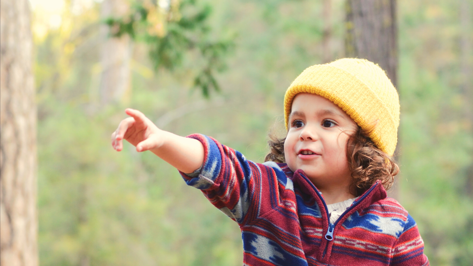 A preschool-aged girl in the woods points to something in the distance.