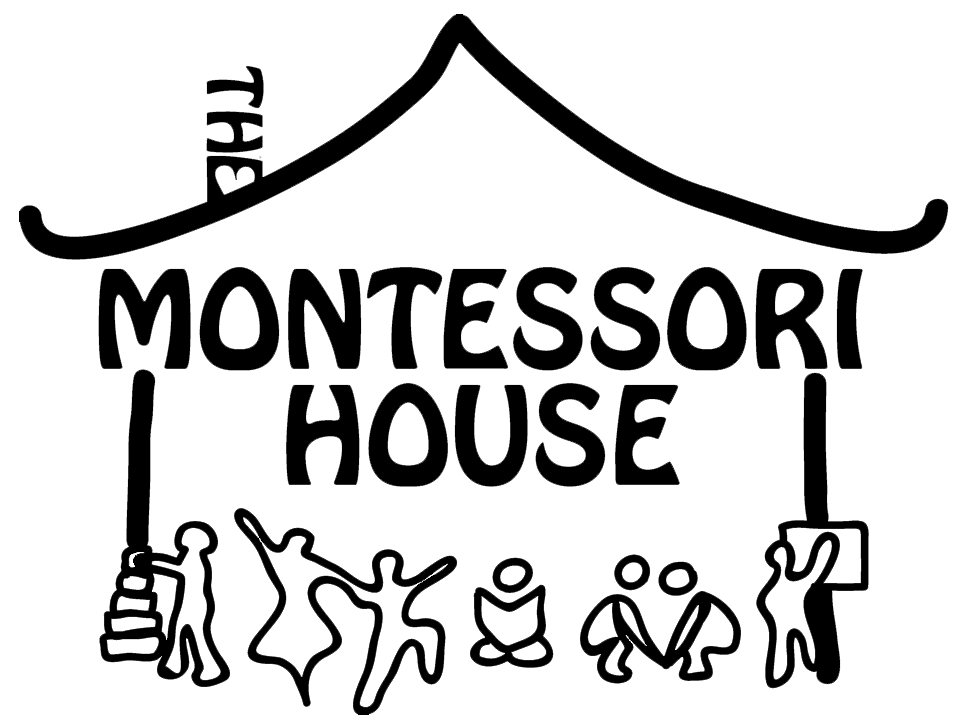 The Montessori House logo, which is an illustration of a house with children working with Montessori materials, and includes the name of the school