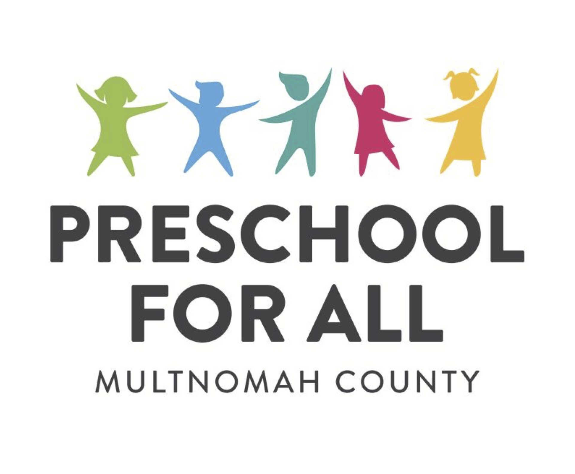 "Preschool for All" logo: five stylistic silhouettes of children above the following text: "Preschool for All, Multnomah County".